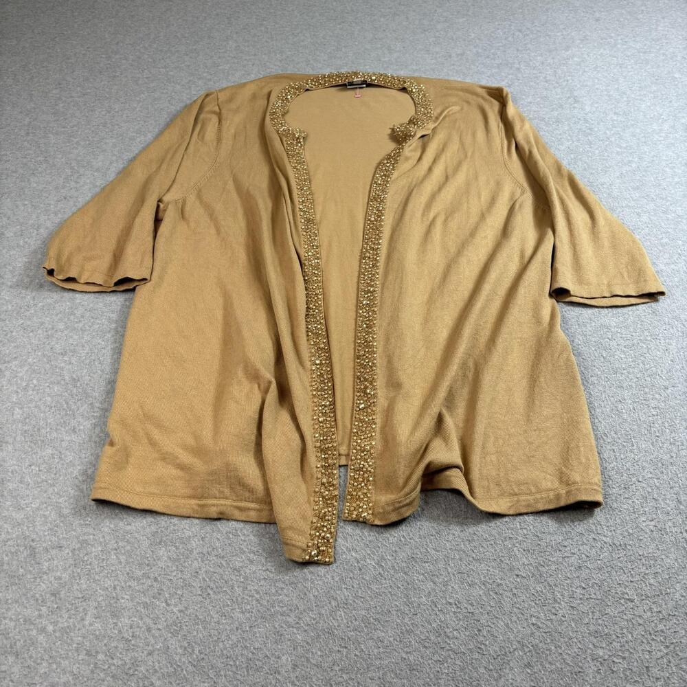 Alain Weiz Cardigan Sweater Womens 20 Tan Silk Jacket Beaded Trim Formal Party